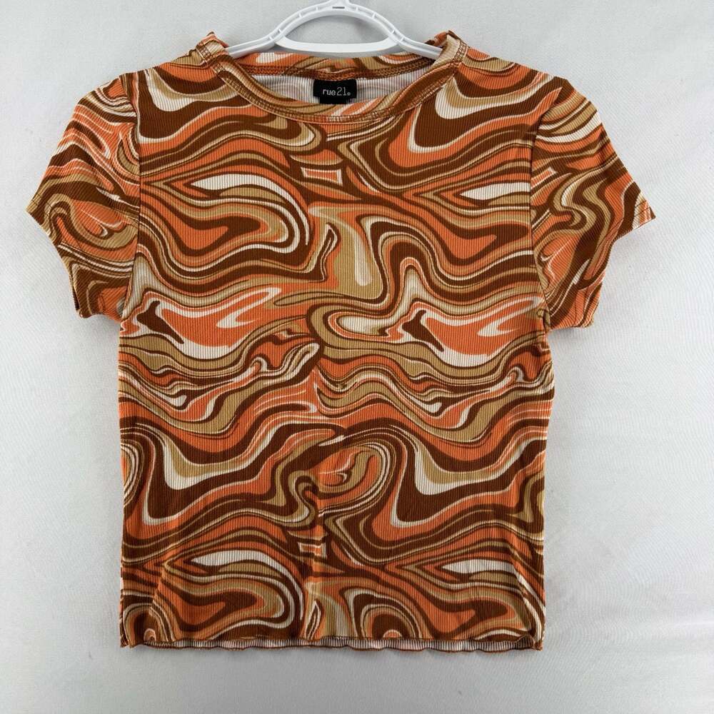 1357 WM- Rue21 Brown Orange Swirl Retro Ribbed Short Sleeve Crop Top